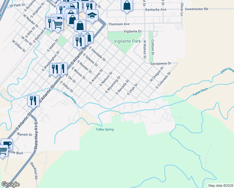 map of restaurants, bars, coffee shops, grocery stores, and more near 1001 East Reeder Street in Dillon