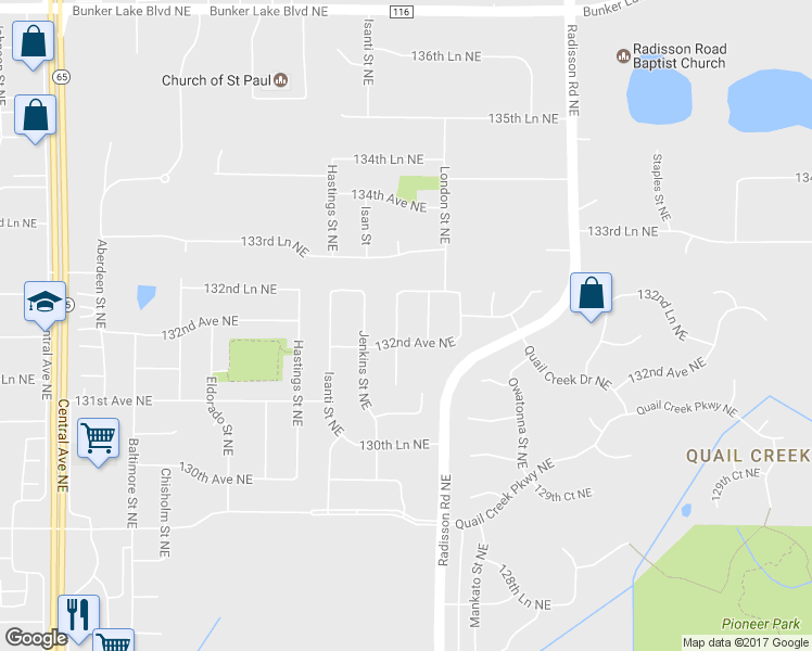 map of restaurants, bars, coffee shops, grocery stores, and more near 13221 Kenyon Street Northeast in Blaine