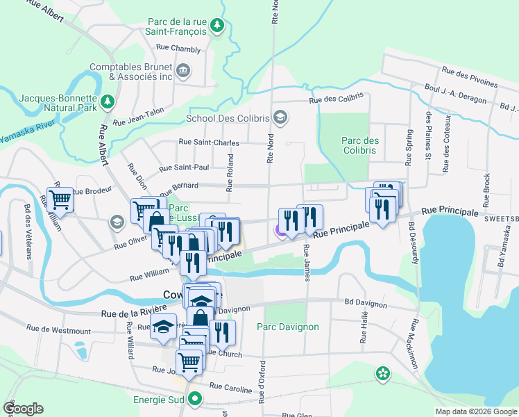 map of restaurants, bars, coffee shops, grocery stores, and more near 179 Rue de Toronto in Cowansville