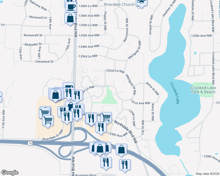 map of restaurants, bars, coffee shops, grocery stores, and more near 3396 131st Lane Northwest in Minneapolis