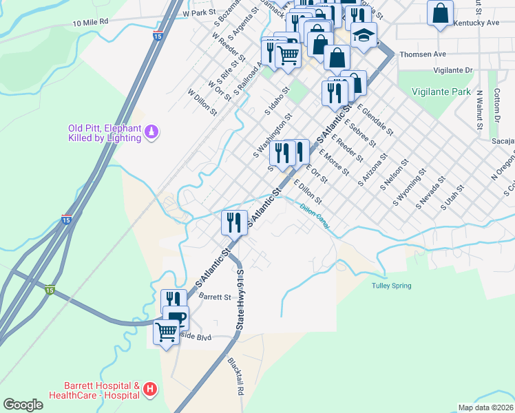 map of restaurants, bars, coffee shops, grocery stores, and more near 833 S Atlantic St in Dillon
