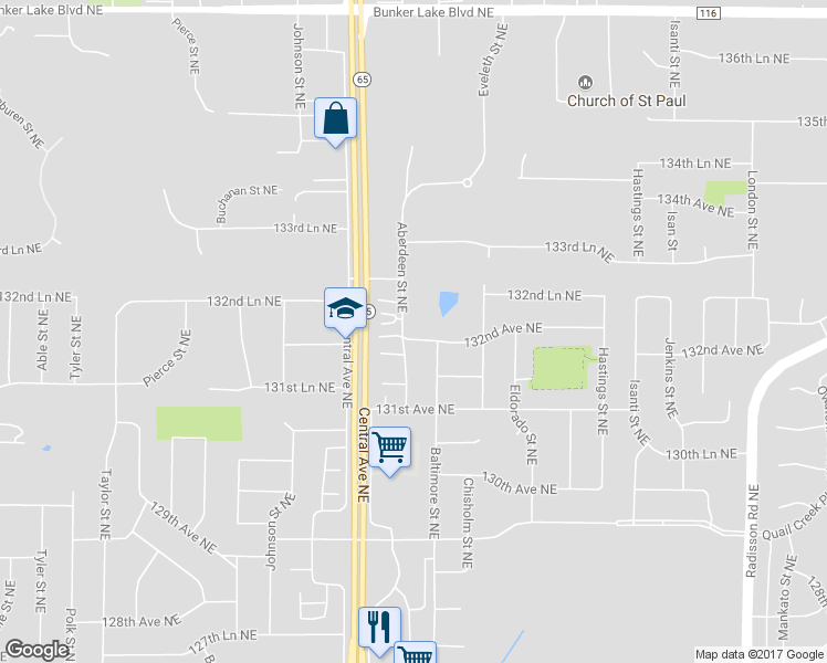 map of restaurants, bars, coffee shops, grocery stores, and more near 13201 Aberdeen Street Northeast in Blaine