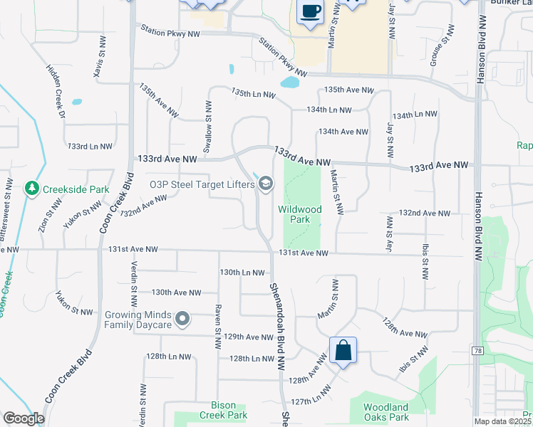map of restaurants, bars, coffee shops, grocery stores, and more near 13160 Osage Street Northwest in Minneapolis