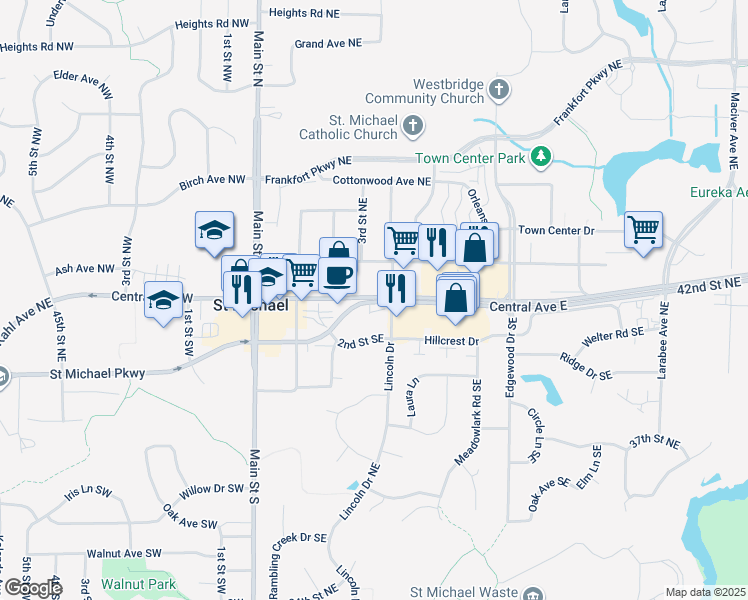 map of restaurants, bars, coffee shops, grocery stores, and more near 221 Central Avenue East in Saint Michael