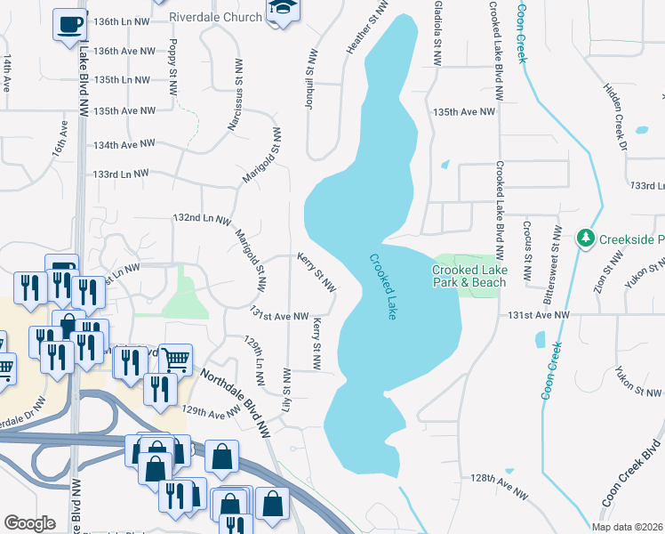 map of restaurants, bars, coffee shops, grocery stores, and more near 13135 Kerry Street Northwest in Minneapolis