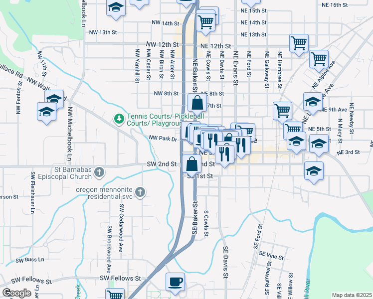map of restaurants, bars, coffee shops, grocery stores, and more near 119 Northeast 3rd Street in McMinnville