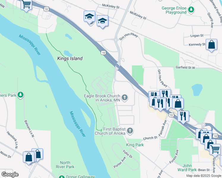 map of restaurants, bars, coffee shops, grocery stores, and more near 2831 Cutters Grove Avenue in Anoka
