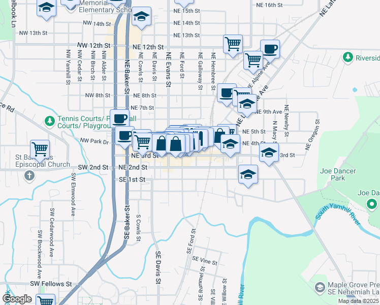 map of restaurants, bars, coffee shops, grocery stores, and more near 619 Northeast 3rd Street in McMinnville