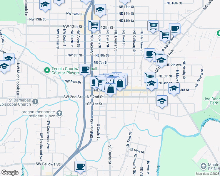 map of restaurants, bars, coffee shops, grocery stores, and more near 438 Northeast 3rd Street in McMinnville