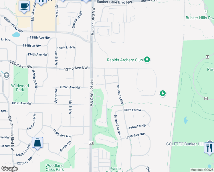 map of restaurants, bars, coffee shops, grocery stores, and more near 1514 132nd Avenue Northwest in Minneapolis