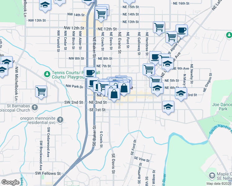 map of restaurants, bars, coffee shops, grocery stores, and more near 438 Northeast 3rd Street in McMinnville