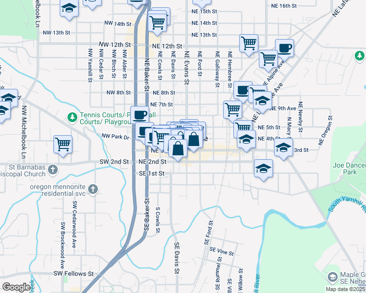 map of restaurants, bars, coffee shops, grocery stores, and more near 438 Northeast 3rd Street in McMinnville