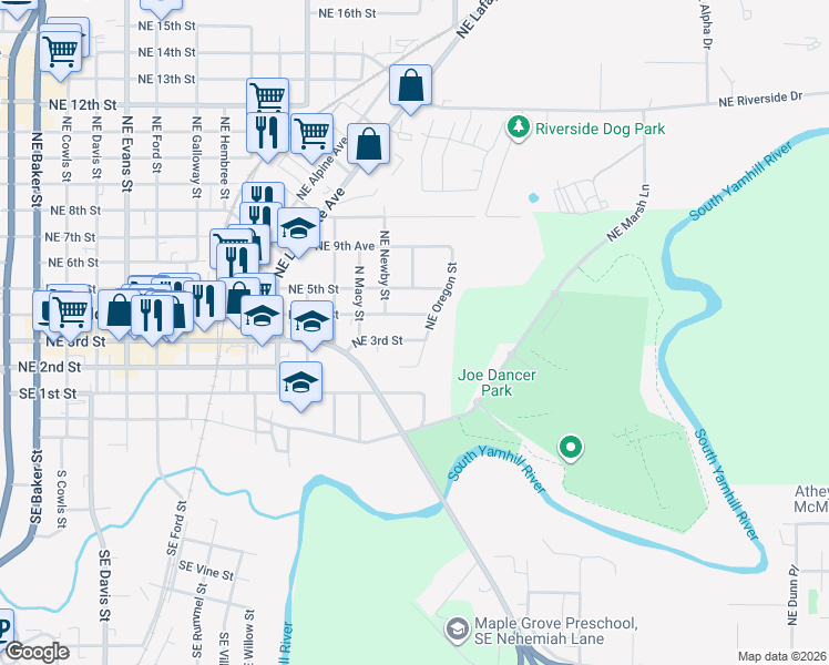 map of restaurants, bars, coffee shops, grocery stores, and more near 233 Northeast Oregon Street in McMinnville