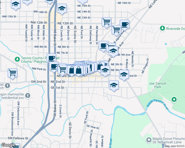 map of restaurants, bars, coffee shops, grocery stores, and more near 701 Northeast 3rd Street in McMinnville