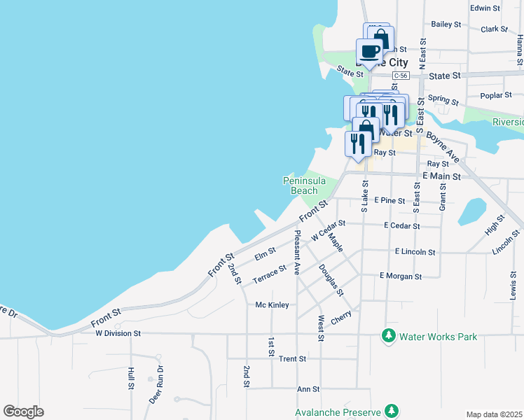 map of restaurants, bars, coffee shops, grocery stores, and more near 448 Front Street in Boyne City