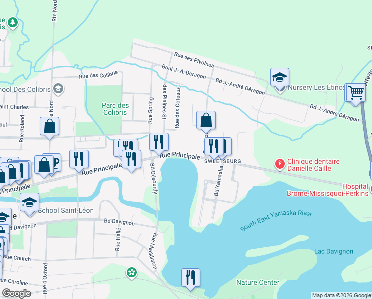map of restaurants, bars, coffee shops, grocery stores, and more near 441 Rue Principale in Cowansville