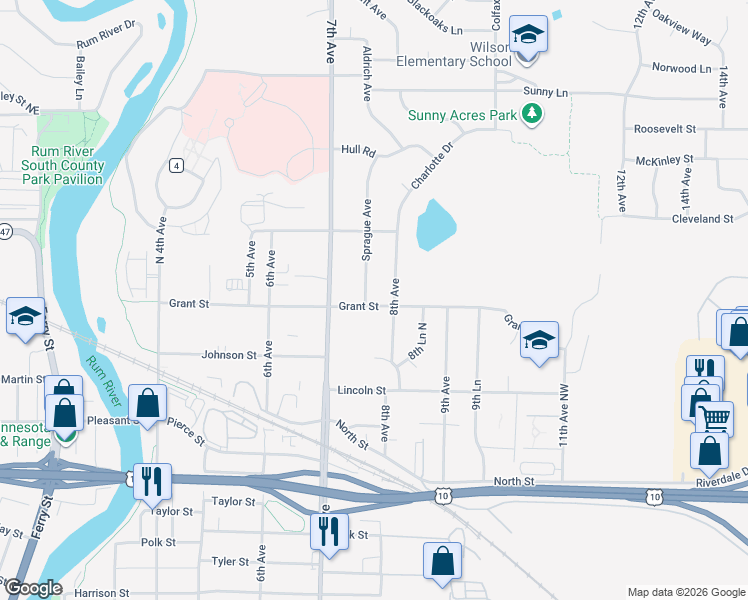 map of restaurants, bars, coffee shops, grocery stores, and more near 728 Grant Street in Anoka