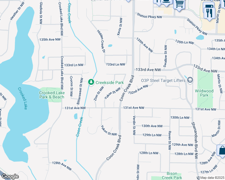 map of restaurants, bars, coffee shops, grocery stores, and more near 13175 Yukon Street Northwest in Minneapolis