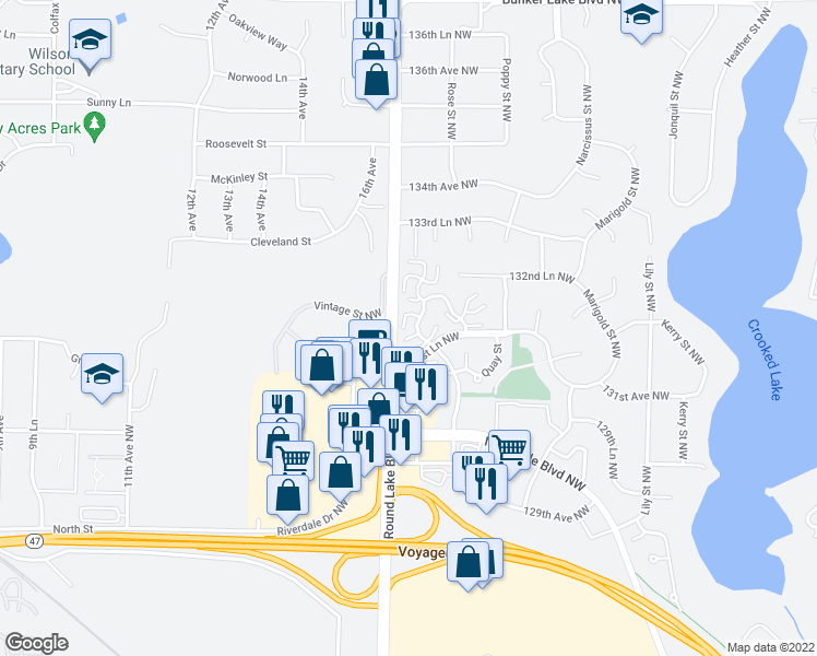 map of restaurants, bars, coffee shops, grocery stores, and more near 13174 Meadowood Curve Northwest in Coon Rapids