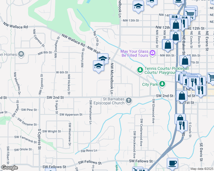 map of restaurants, bars, coffee shops, grocery stores, and more near 1125 Southwest 2nd Street in McMinnville
