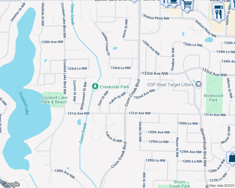 map of restaurants, bars, coffee shops, grocery stores, and more near 13175 Yukon Street Northwest in Minneapolis
