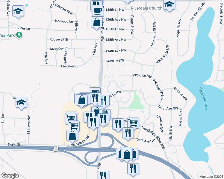 map of restaurants, bars, coffee shops, grocery stores, and more near 13138 Rose Street in Minneapolis