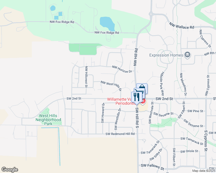 map of restaurants, bars, coffee shops, grocery stores, and more near 2420 Northwest West Hills Drive in McMinnville