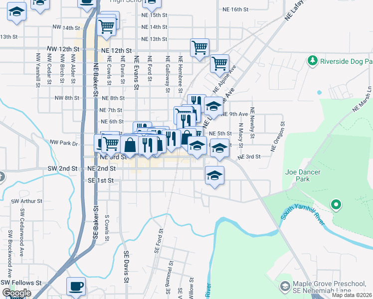 map of restaurants, bars, coffee shops, grocery stores, and more near 333 Northeast Irvine Street in McMinnville