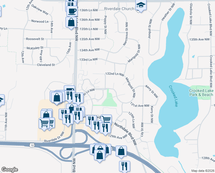 map of restaurants, bars, coffee shops, grocery stores, and more near 3396 131st Lane Northwest in Minneapolis