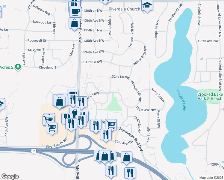 map of restaurants, bars, coffee shops, grocery stores, and more near 3396 131st Lane Northwest in Minneapolis