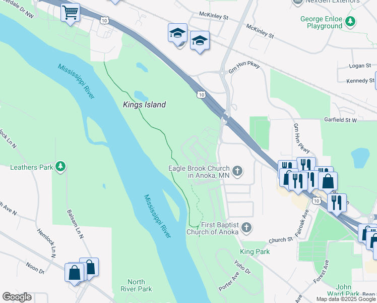 map of restaurants, bars, coffee shops, grocery stores, and more near 2891 Cutters Grove Avenue in Anoka