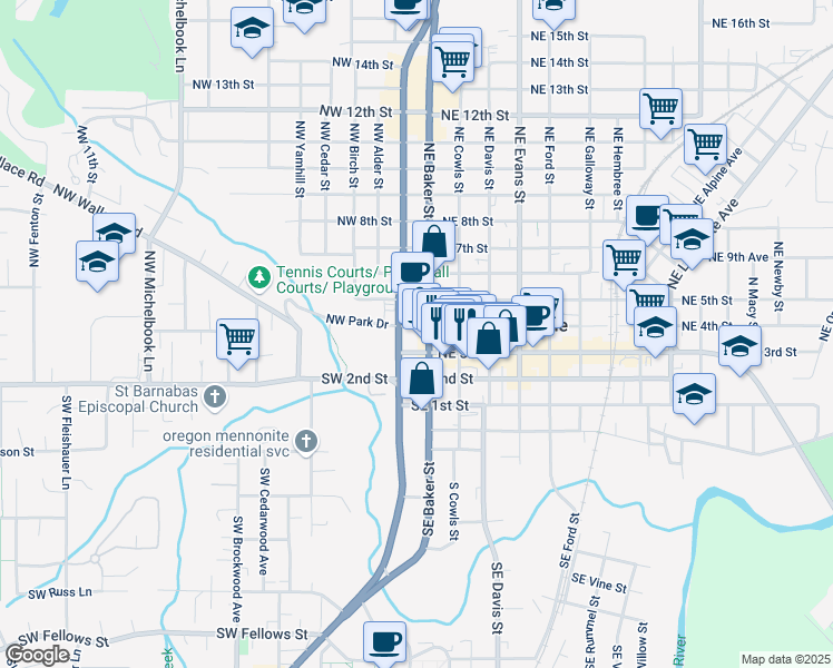 map of restaurants, bars, coffee shops, grocery stores, and more near in McMinnville