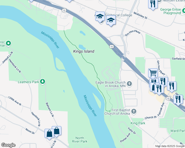 map of restaurants, bars, coffee shops, grocery stores, and more near 2901 Cutters Grove Avenue in Anoka