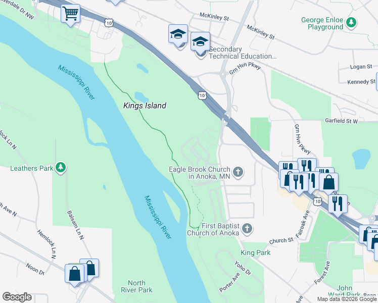 map of restaurants, bars, coffee shops, grocery stores, and more near 2901 Cutters Grove Avenue in Anoka