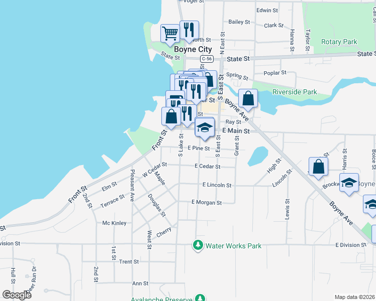 map of restaurants, bars, coffee shops, grocery stores, and more near 101-199 East Cedar Street in Boyne City
