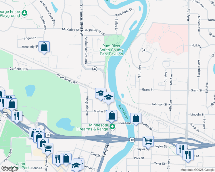 map of restaurants, bars, coffee shops, grocery stores, and more near 2831 North Ferry Street in Anoka