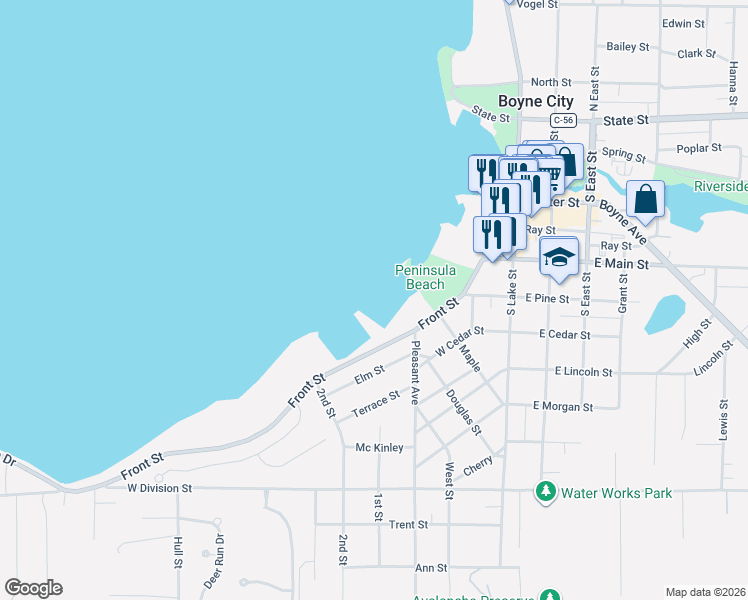 map of restaurants, bars, coffee shops, grocery stores, and more near 448 Front Street in Boyne City
