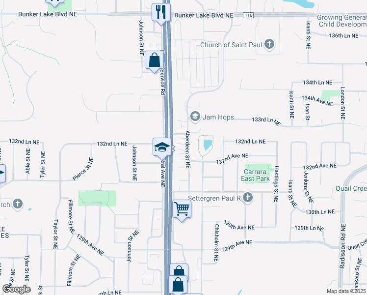 map of restaurants, bars, coffee shops, grocery stores, and more near 13201 Aberdeen Street Northeast in Blaine