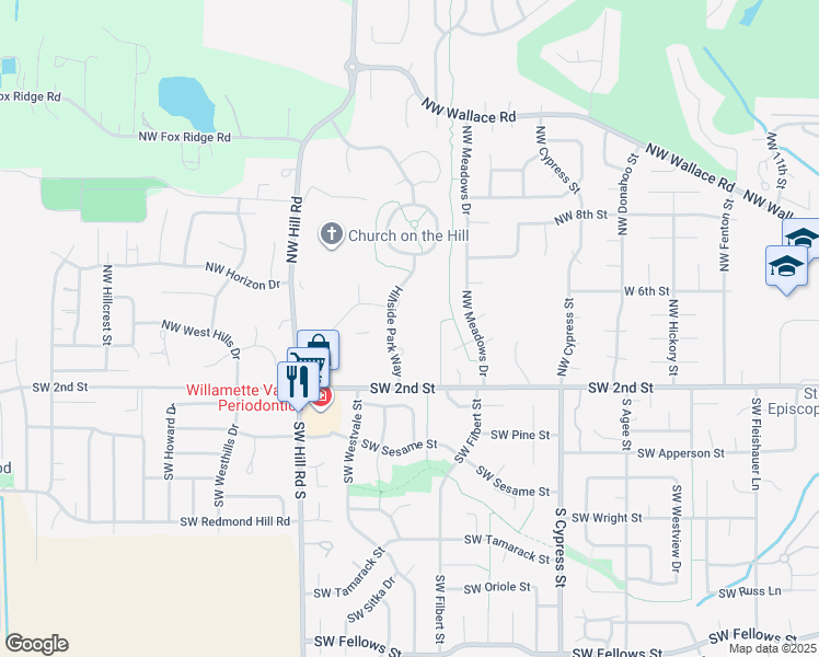map of restaurants, bars, coffee shops, grocery stores, and more near 300 Hillside Park Way in McMinnville