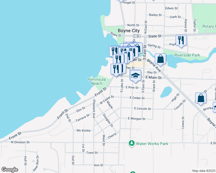 map of restaurants, bars, coffee shops, grocery stores, and more near 398 Front St in Boyne City
