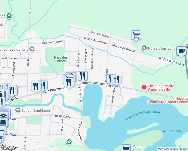 map of restaurants, bars, coffee shops, grocery stores, and more near 441 Rue Principale in Cowansville