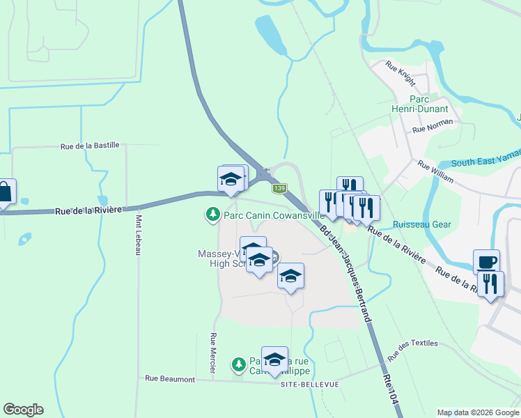 map of restaurants, bars, coffee shops, grocery stores, and more near 445 Rue Bachand in Cowansville
