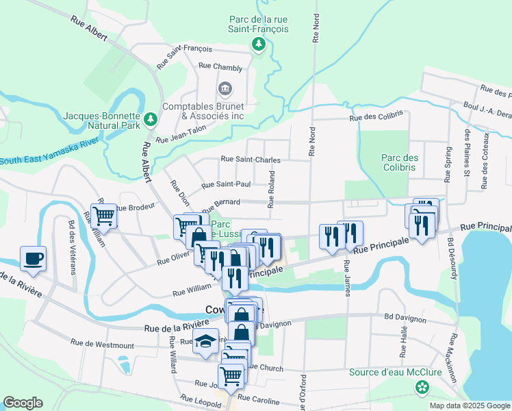map of restaurants, bars, coffee shops, grocery stores, and more near 232 Rue Bernard in Cowansville