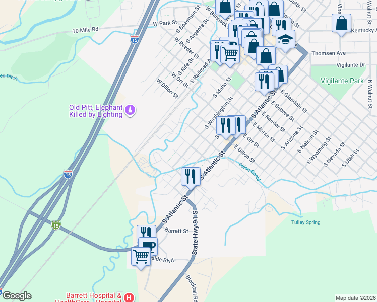 map of restaurants, bars, coffee shops, grocery stores, and more near 125 E Clark St in Dillon