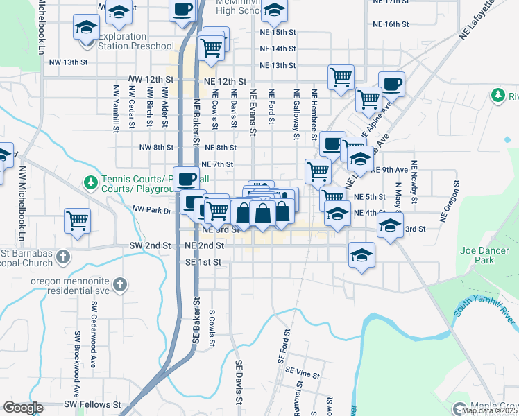 map of restaurants, bars, coffee shops, grocery stores, and more near 535 Northeast 5th Street in McMinnville