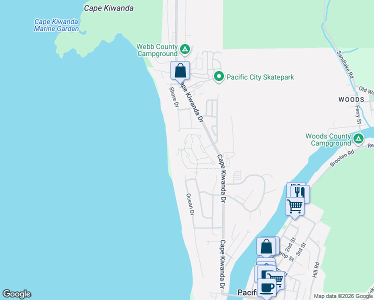 map of restaurants, bars, coffee shops, grocery stores, and more near 6260 Beachcomber Lane in Pacific City