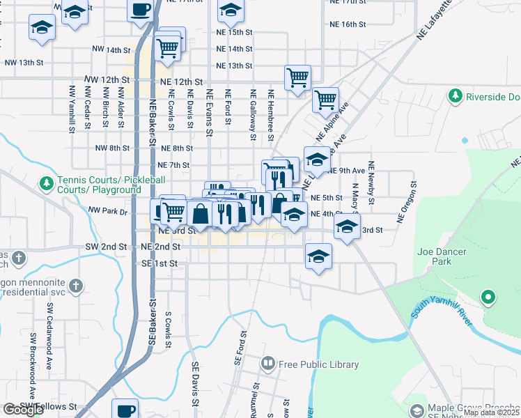 map of restaurants, bars, coffee shops, grocery stores, and more near 707 Northeast 5th Street in McMinnville