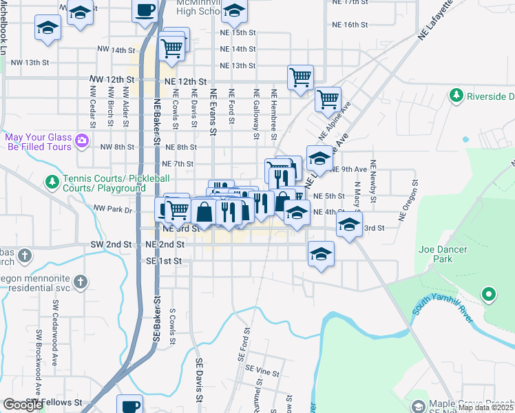 map of restaurants, bars, coffee shops, grocery stores, and more near 707 Northeast 5th Street in McMinnville