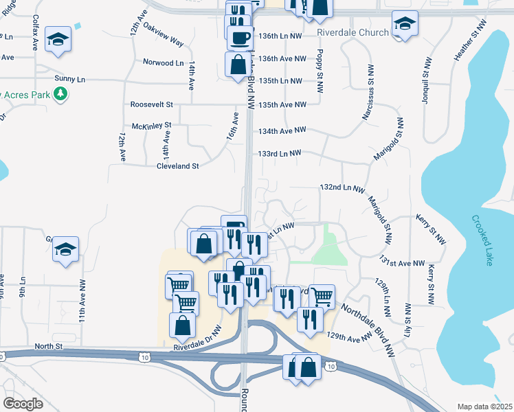 map of restaurants, bars, coffee shops, grocery stores, and more near 13210 Meadowood Trail in Minneapolis