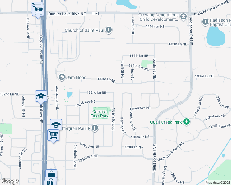 map of restaurants, bars, coffee shops, grocery stores, and more near 13249 Hastings Street Northeast in Blaine